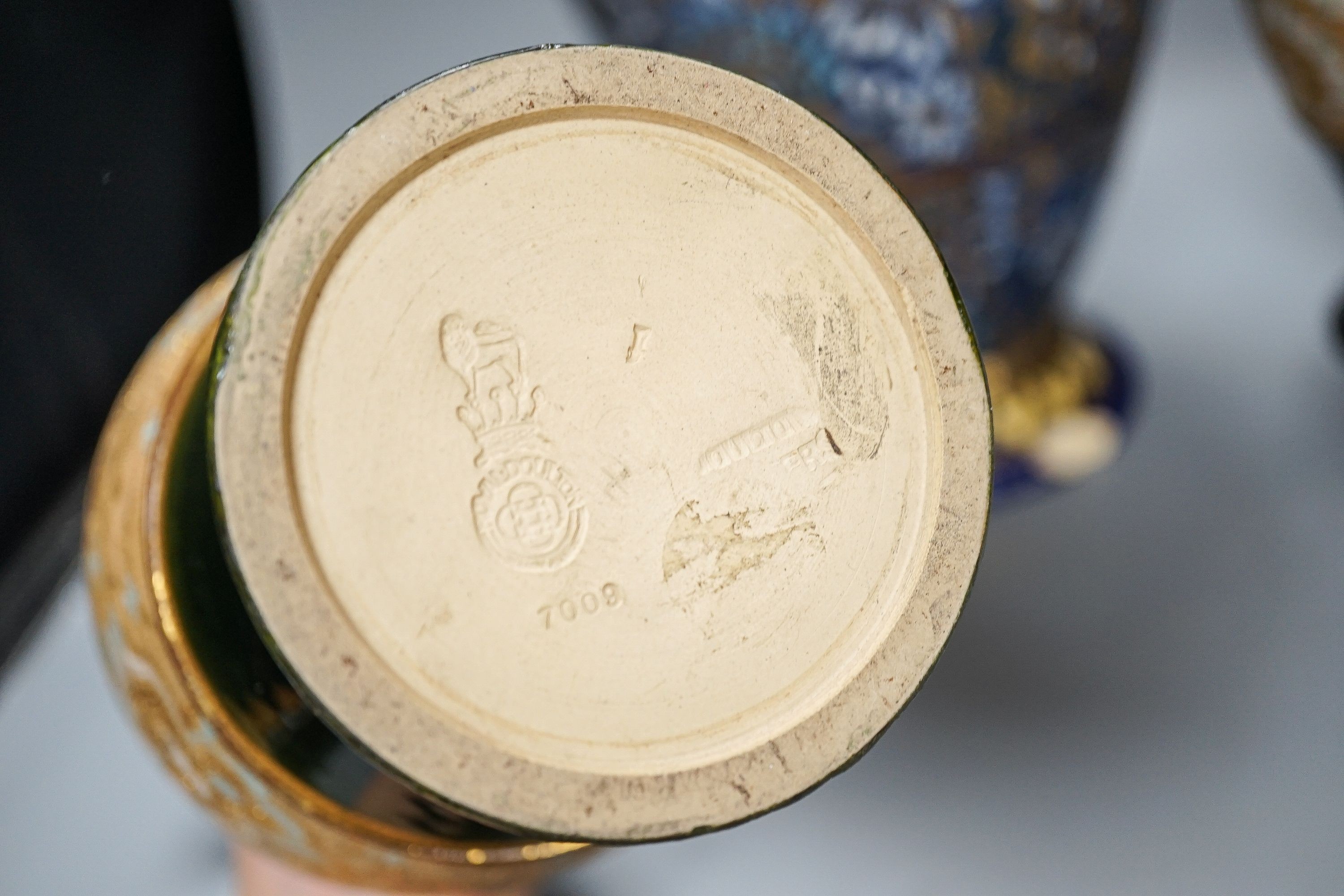 A large Doulton Slater's Patent vase, 46cm and a pair of similar smaller vases, 34cm